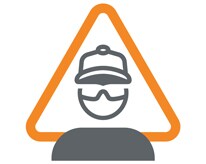 Triangle orange avec l'icône d'une personne portant un casque et des lunettes de sécurité