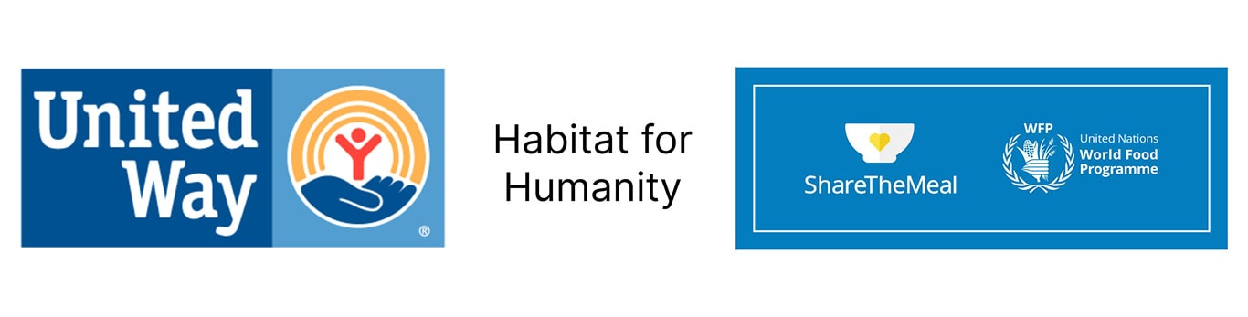 Logos zeigen: United Way, Habitat for Humanity, Share the Meal und World Food Programme