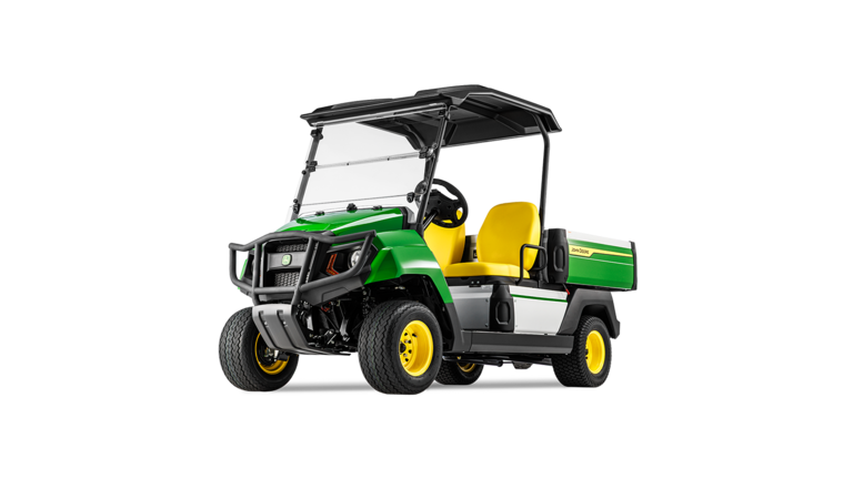 Frontansicht in schräger Perspektive eines John Deere Gator GS Electric Modells mit Fokus auf Kühlergrill, Scheinwerfer und gelbe Sitze.