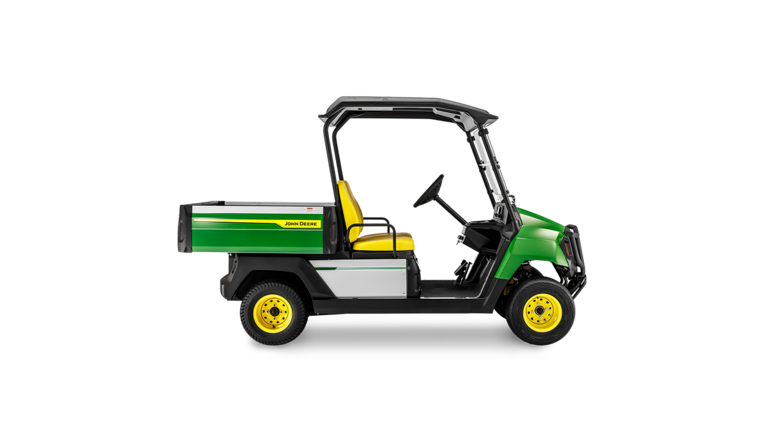 Seitenansicht eines John Deere Gator GS Petrol Nutzfahrzeugs mit grüner Karosserie, gelben Rädern und offener Kabine.