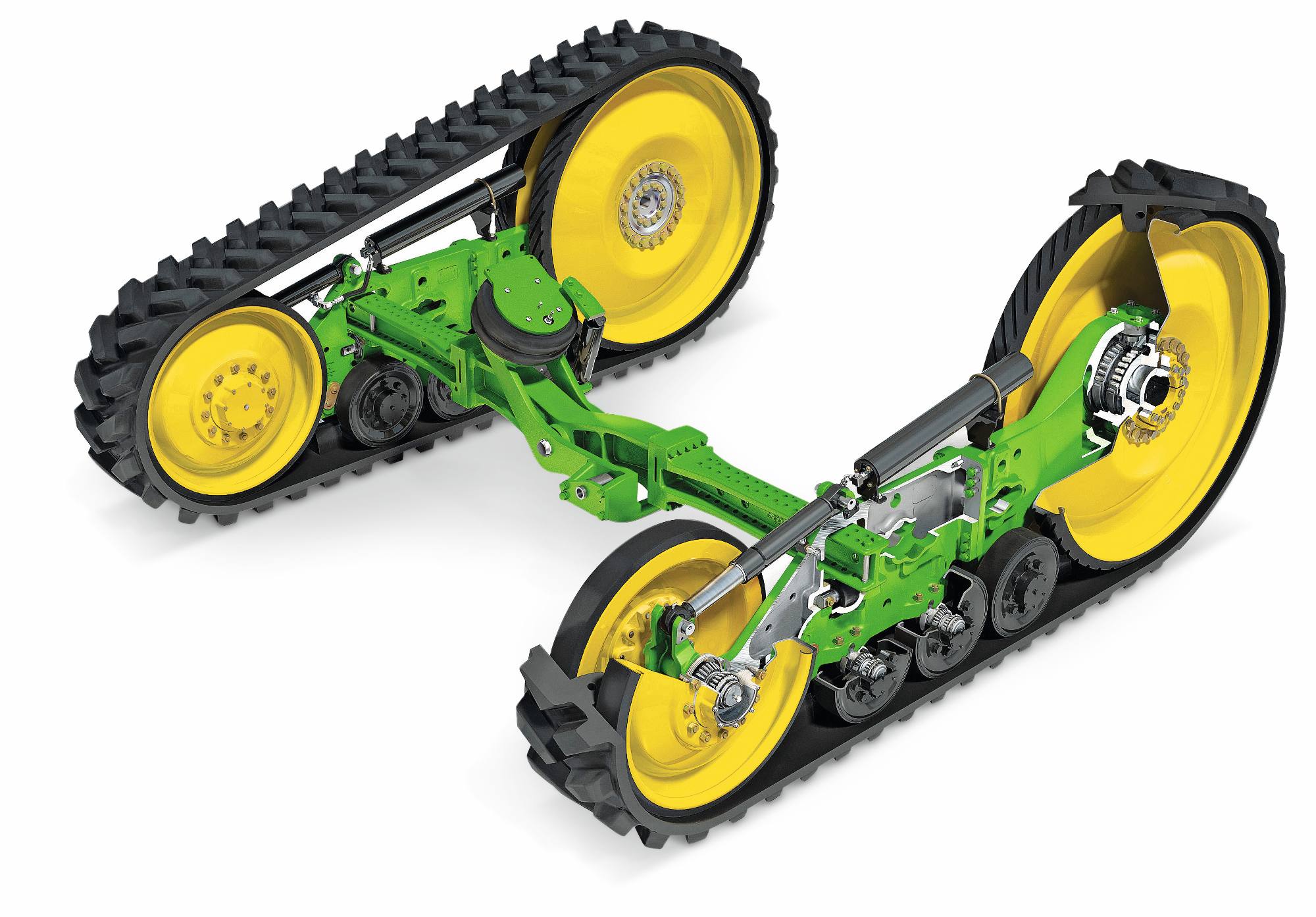 Ensembles de chenilles pour tracteurs John&nbsp;Deere, comprenant des chenilles en caoutchouc, des bras de suspension et des roues motrices jaunes, photographiés sur un fond blanc en studio.