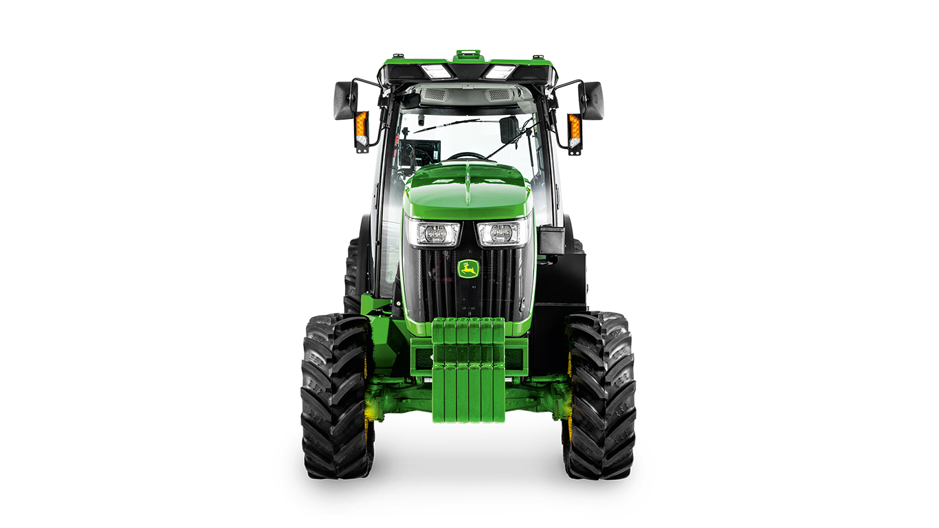 Frontansicht des John Deere Traktors 5075EN mit deutlich sichtbaren Scheinwerfern, Kühlergrill und Frontgewicht.