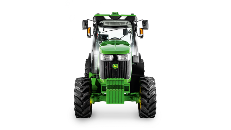 Frontansicht des John Deere Traktors 5075EN mit deutlich sichtbaren Scheinwerfern, Kühlergrill und Frontgewicht.