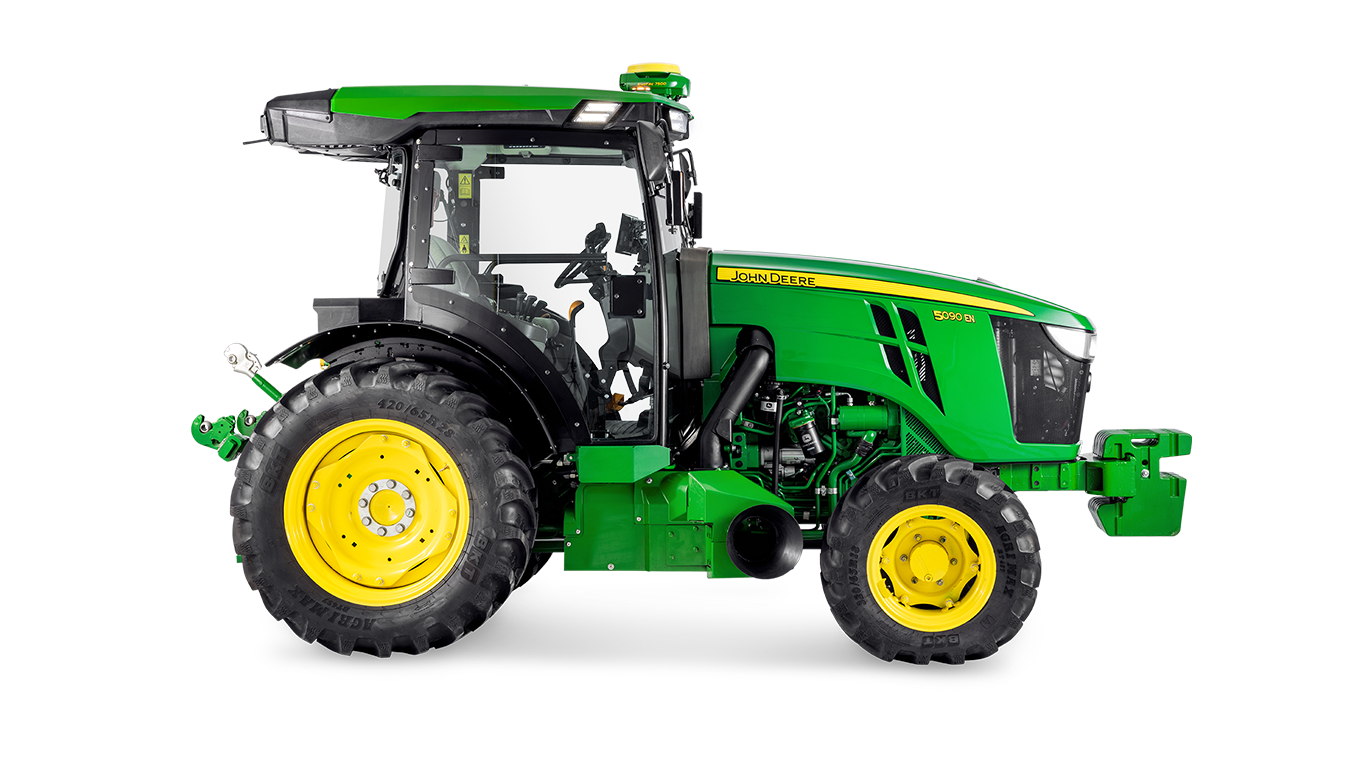 Seitenansicht des John Deere Traktors 5090EN, mit hervorgehobenem Kabinendesign und großen Hinterreifen.