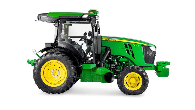 Seitenansicht des John Deere Traktors 5090EN, mit hervorgehobenem Kabinendesign und großen Hinterreifen.